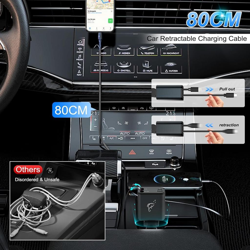 Retractable 70W 4 in 1 Car Charger with Retractable Cord, Fast Car Phone Charger Adapter Compatible with iPhone 16/15/14/13/12/11, Pixel, Samsung
