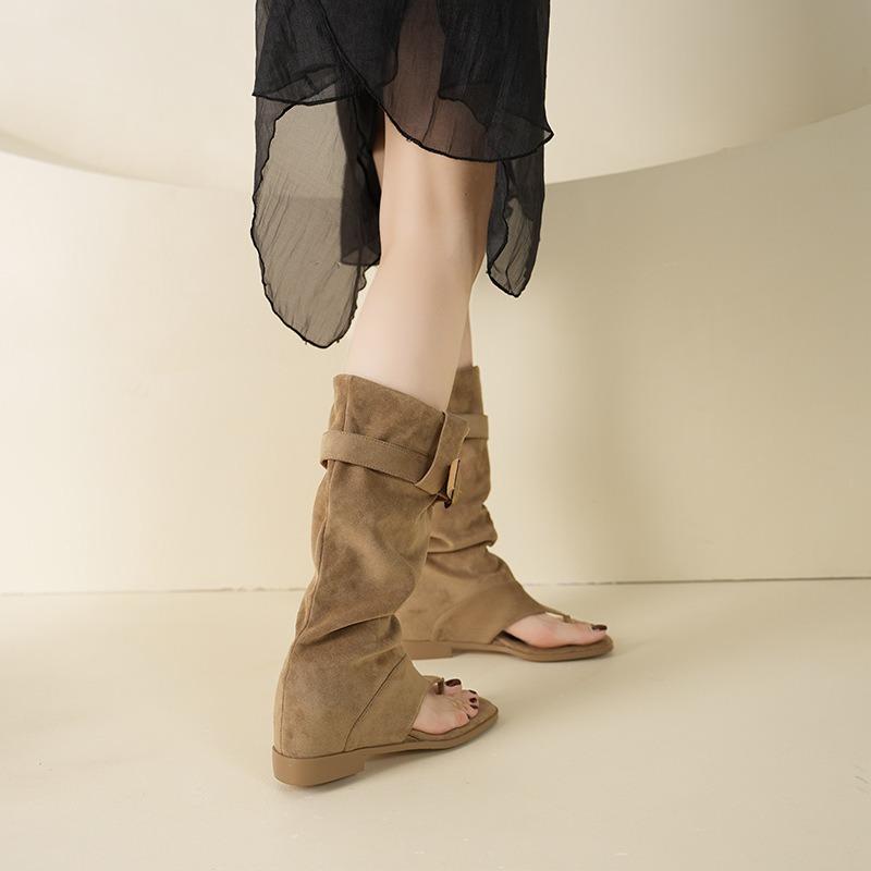 Square toe cool boots women's summer boots but knee high thin boots women's heel boots pleated piled boots