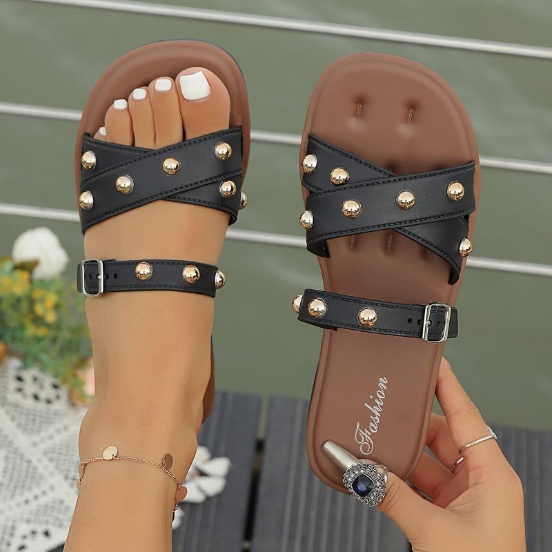Fashion Women's Luxury Rivets Decorative Slide Sandals Summer Shoes 2025 Fashion Sexy Casual Beach Party Slippers Flat Flip Flops Women