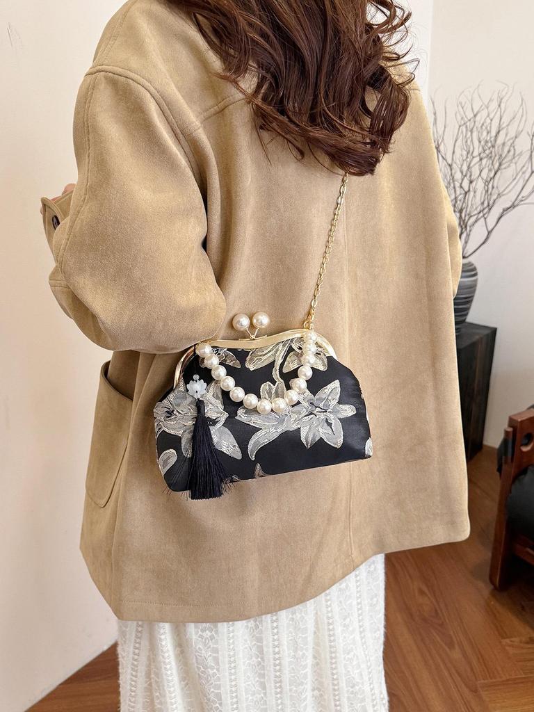 2026 Women's Crossbody Evening Bag with Chain Clasp - Textured Qipao Embroidery & Pearl Design