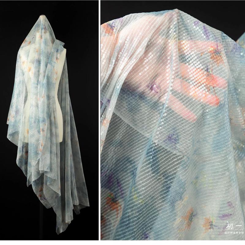 Blue Green Gradient Sequin Mesh Fabric for Diy Sewing Wedding Dress Designer Cloth Polyester Material By The Meter