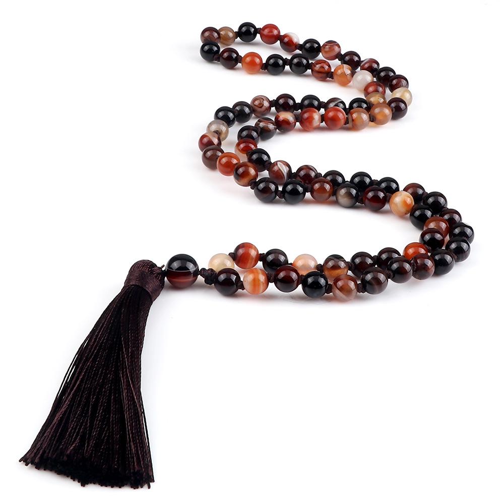 European 8mm Stone Bead Tassel Necklace and Multi-Strand Buddhist Bead Bracelet