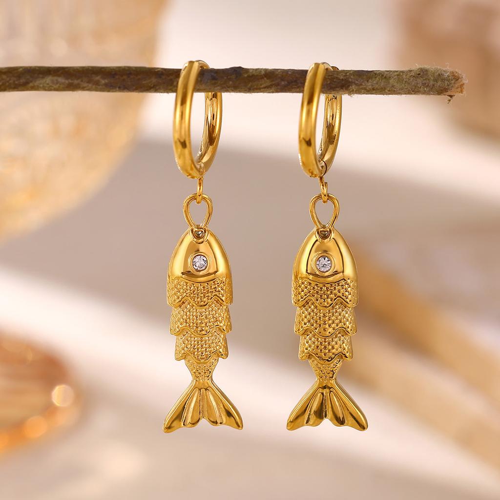 Cute Hoop Earrings Women's Party Geometric Heart Small Fish Gold Color Hanging Hoops Stainless Steel Jewelry Flower Earring Gift