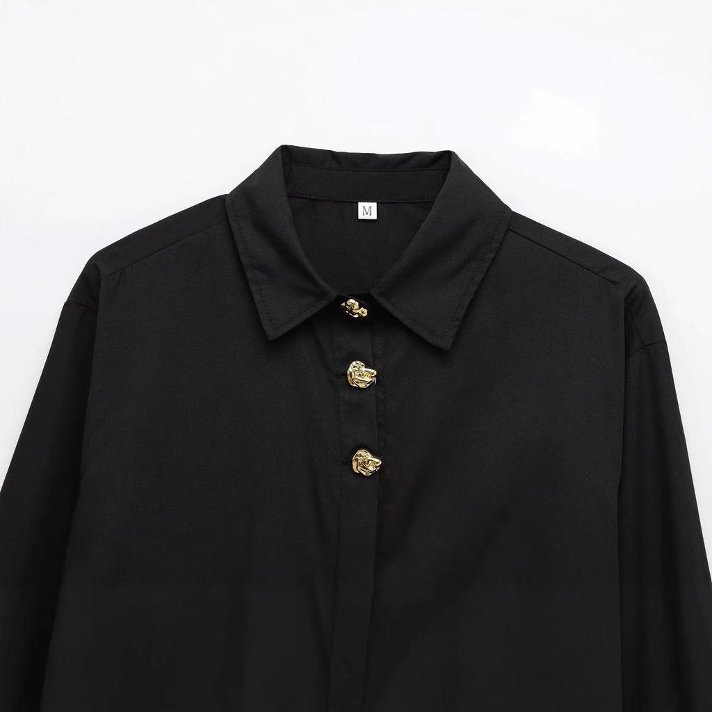 2024 Women's Winter Fashion Poplin Shirt with Gold Button Details