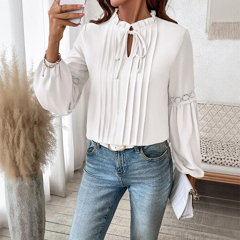 

Новый элегантный профессиональный топ-рубашка осень повседневный кружевной воротник вставка ремешок S белый