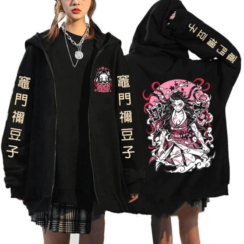 Japanese Anime Demon Slayer Zipper Jackets Sweatshirt Nezuko Kamado Mange Y2k Zip Up Hoodies Kimetsu No Yaiba Cartoon Streetwear