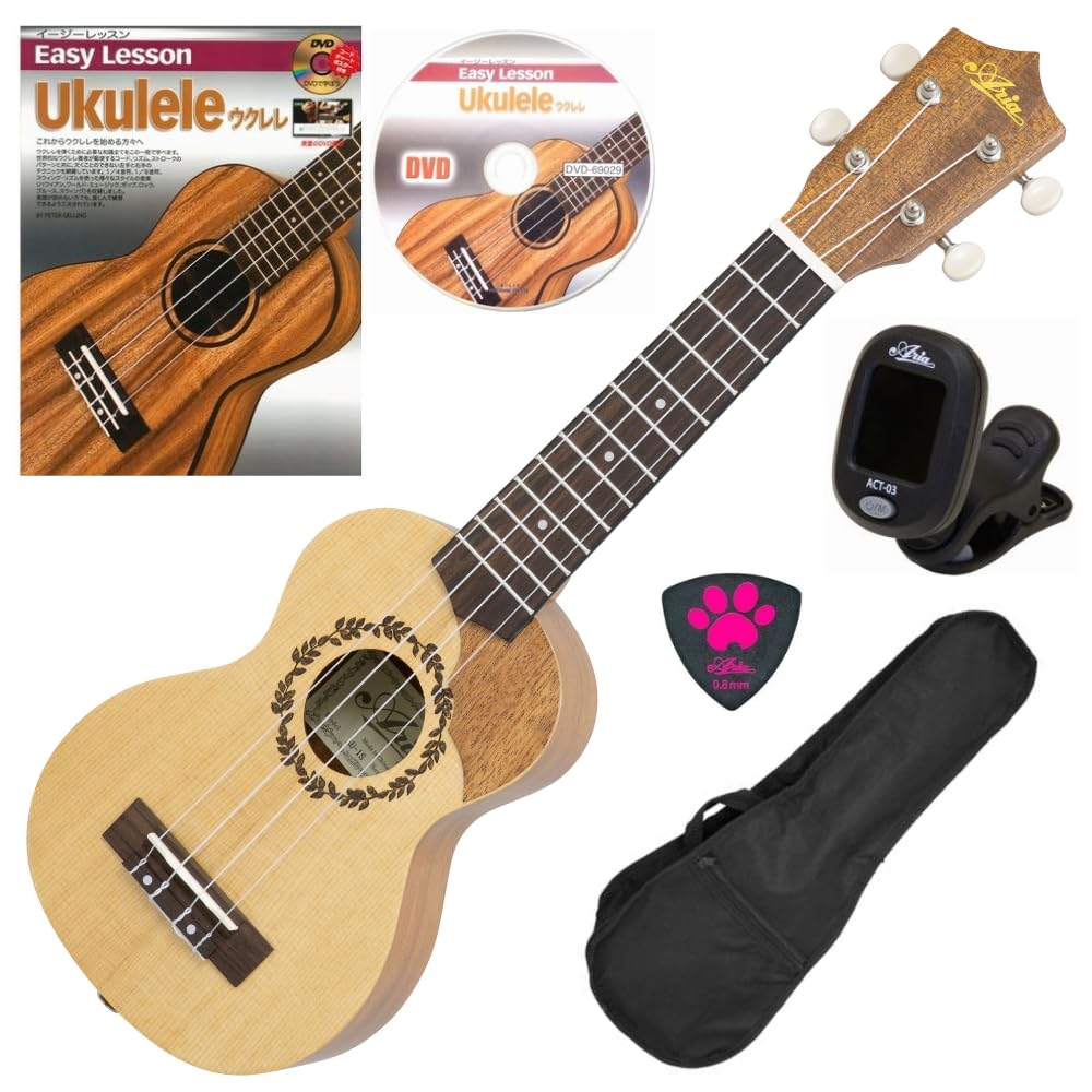 

Aria Original Ukulele Beginner Set Spruce Top with Pickguard Soprano Ukulele Instruction Soft AU-1S (with Book, DVD, Case, Tuner, Pick) [Set]
