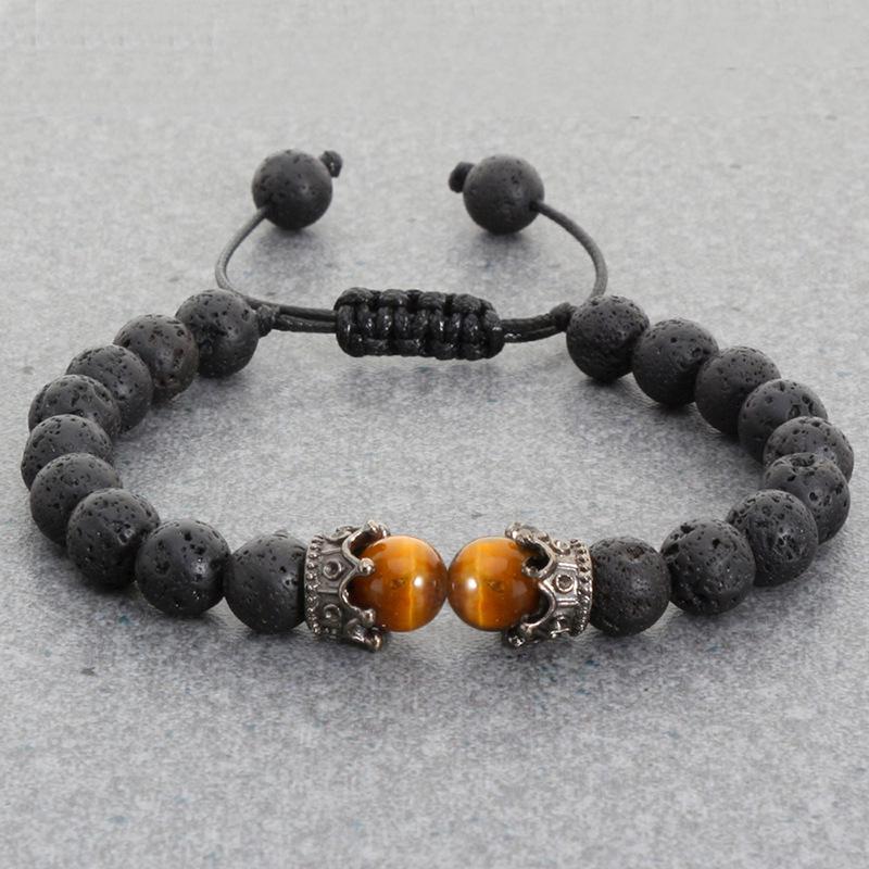Men's Retro Volcanic Rock & Tiger Eye Crown Beaded Bracelet