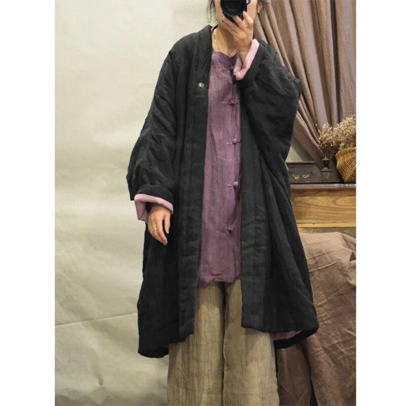 

Johnature Winter Woman Devise Linen Vintage Cotton Clothing Fashion Solid Colour Loose Casual Cotton Clothing One Size чорний