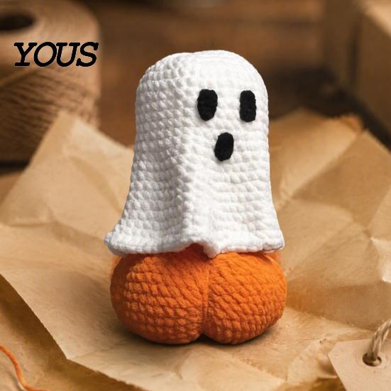 Fall Home Accents Knitted Ghost Pumpkin Ornament, Handmade Cute Crochet Figurine, Spooky Ornaments Festive Miniature Handicraft Ornament for Halloween