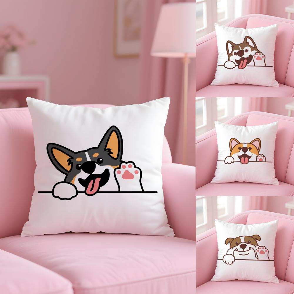 Cushion Cover Cute Dog Waving Paw Plush Fabric Soft Double-Sided Printed Sofa Warm Winter Home Gift Pillow Case