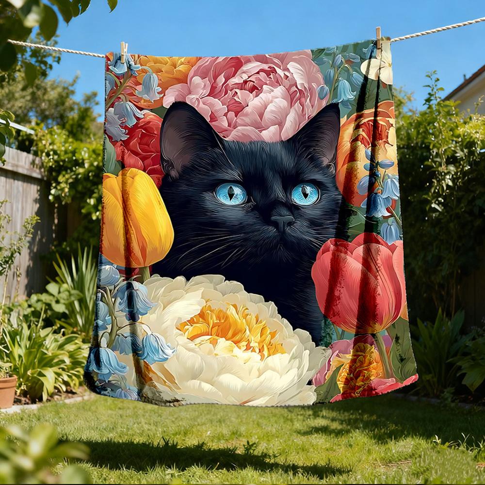 

1pc Black Cat Floral Print Print Outdoor Blanket, Lightweight Polyester, 80x120cm