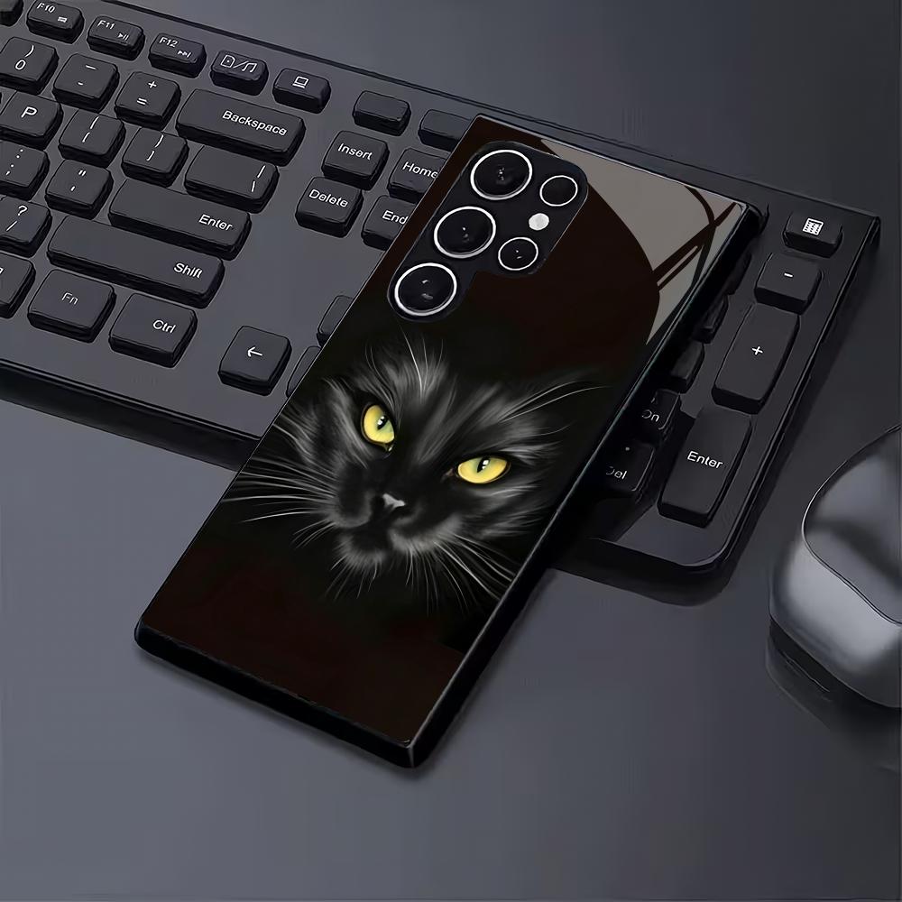 Schwarze Glas-Handyhülle mit Katzenmotiv, geeignet für Samsung Galaxy S26 S25 S24 S23 S22 S20 FE/Ultra/Plus, sturzsichere Rückabdeckung