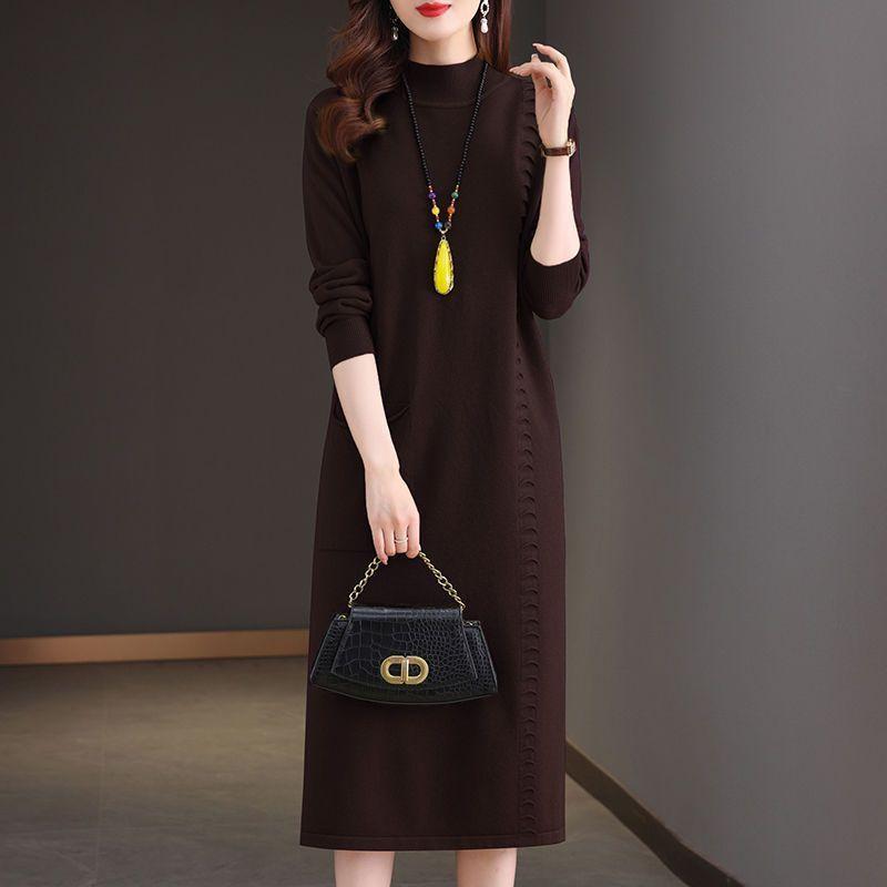 Knitted Dress Knee-length Women's Mid-length Loose Dress Plus-size Sweater Dress Solid-color Casual Half Turtleneck Pullover
