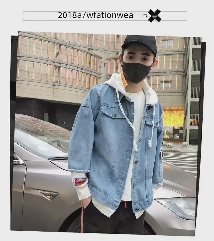 Men's Korean Style Slim Light Ripped Denim Baseball Jacket for Autumn and Winter