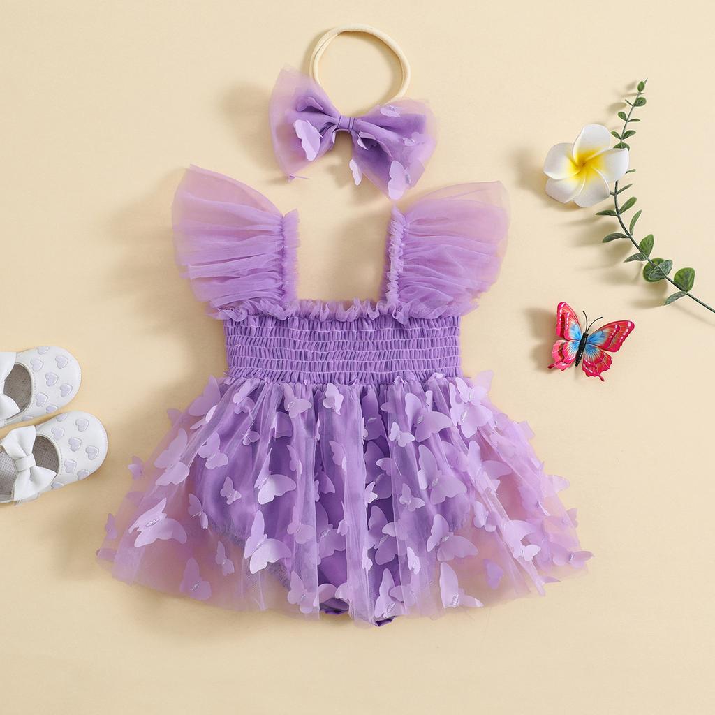 Infant Girl Romper Dress Butterfly Decor Fly Sleeve Ruched Mesh Skirt Hem Jumpsuits Newborn Clothes Baby Bodysuits with Headband