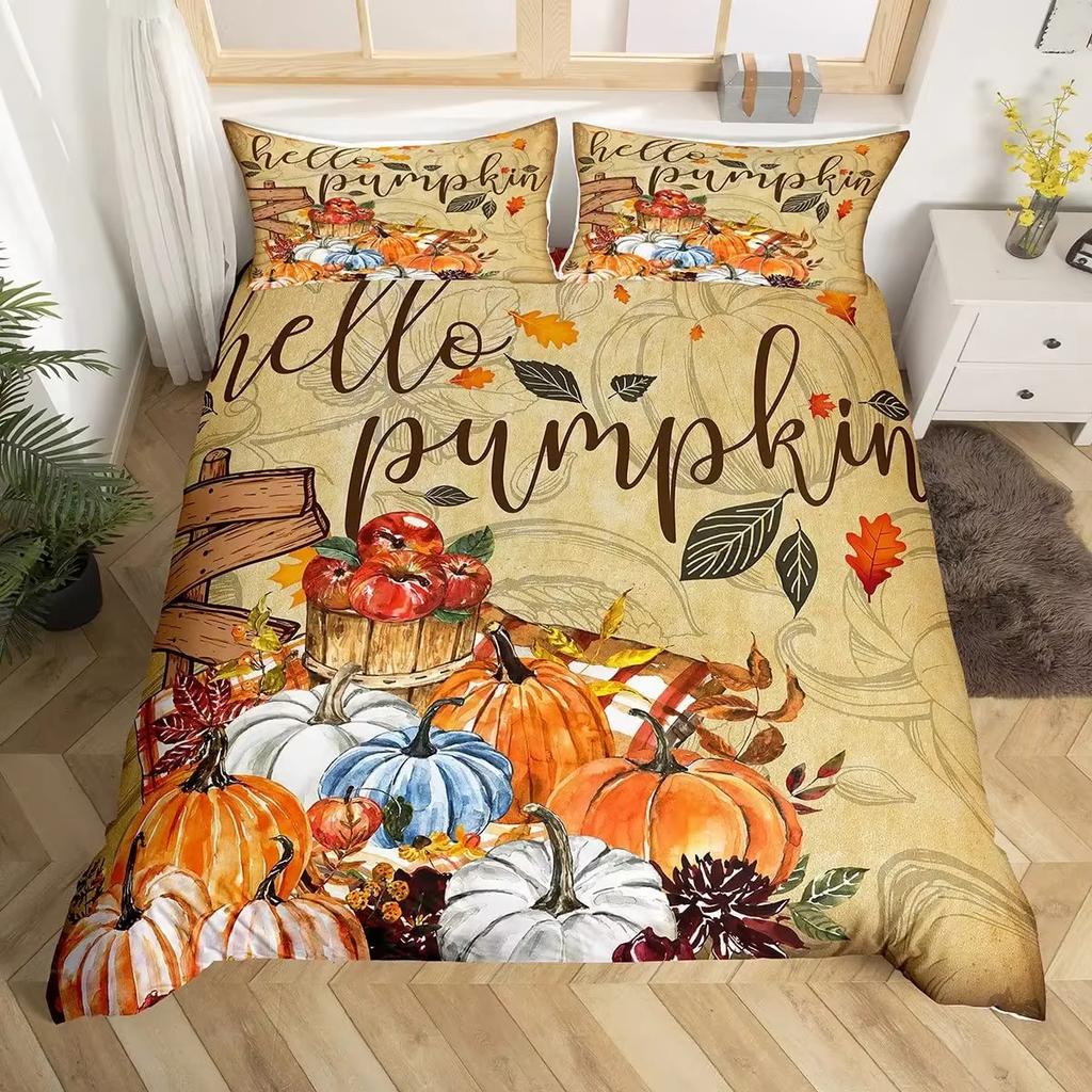Pumpkin Duvet Cover Set Maple Leaves Bedding Sets Thanksgiving Plant Pattern Comforter Cover Set Autumn Harvest Farmhouse Decor