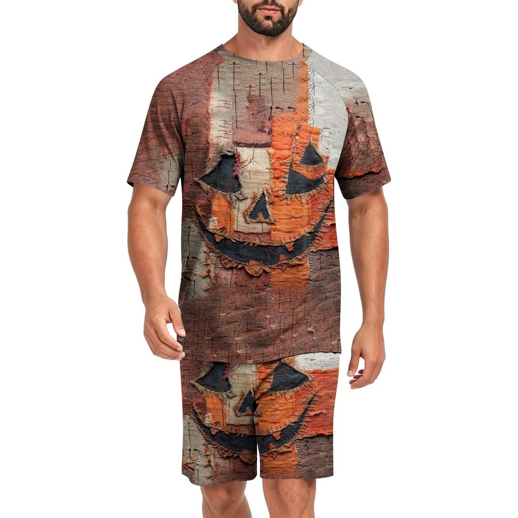 Men's Halloween Casual Pajama Set Short Sleeve Top and Shorts Patchwork Design Comfortable Sleepwear Lounge Outfit for Home Use