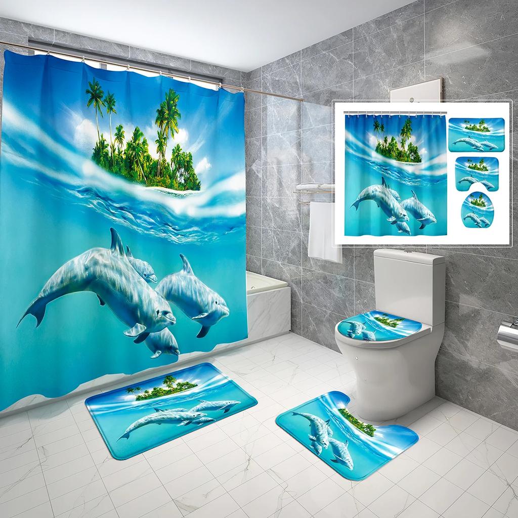 4 Sets Dolphin Shower Curtain Sets With Non-Slip Bath Mat,Toilet Lid Cover And Ocean Animals Blue Sea World Shower Curtain Set
