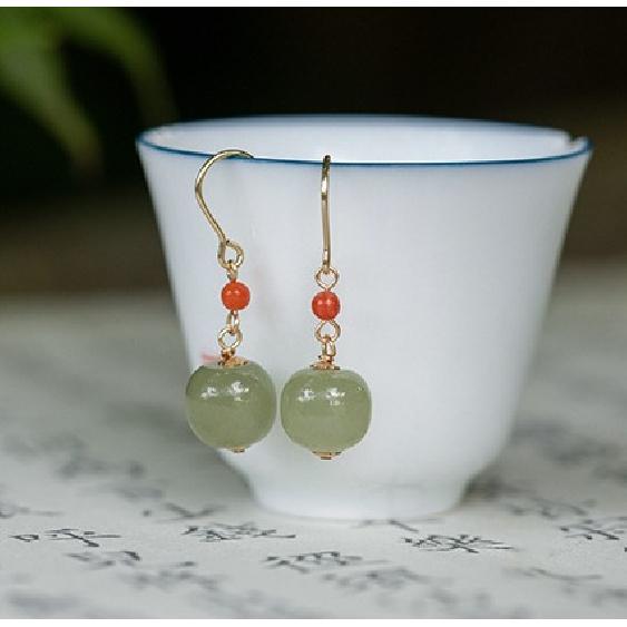 Natural Hetian Jade Qingshui Material Old-style Bead Green Jade Earrings 14k Gold-plated earrings with South Red Agate for women, fresh and elegant 14K Gold-plated ear hooks