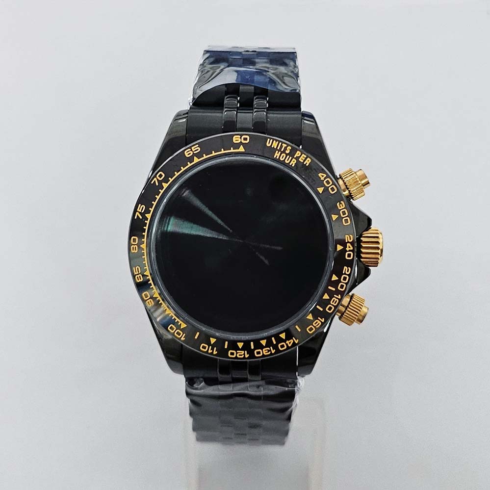 

39mm PVD Plating Black-Gold Watch Case Steel Sapphire Glass Stainless Steel Strap Watches Parts For Quartz VK63 Movement