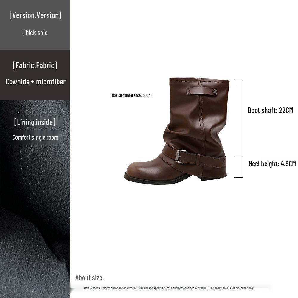 

Женские коричневые замшевые сапоги-казаки до середины икры с присборенным голенищем, скрытым каблуком и пряжкой (2025) 35