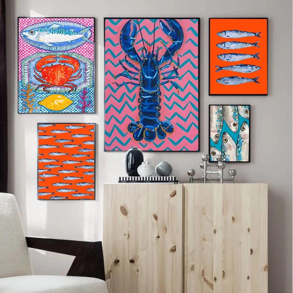 Kolorowe Sardynki Homary Zwierzęta Morskie Druki na Płótnie Retro Niebieska Ryba Plakaty Wall Art do Nowoczesnego Salonu Baru Dekoracja Domu