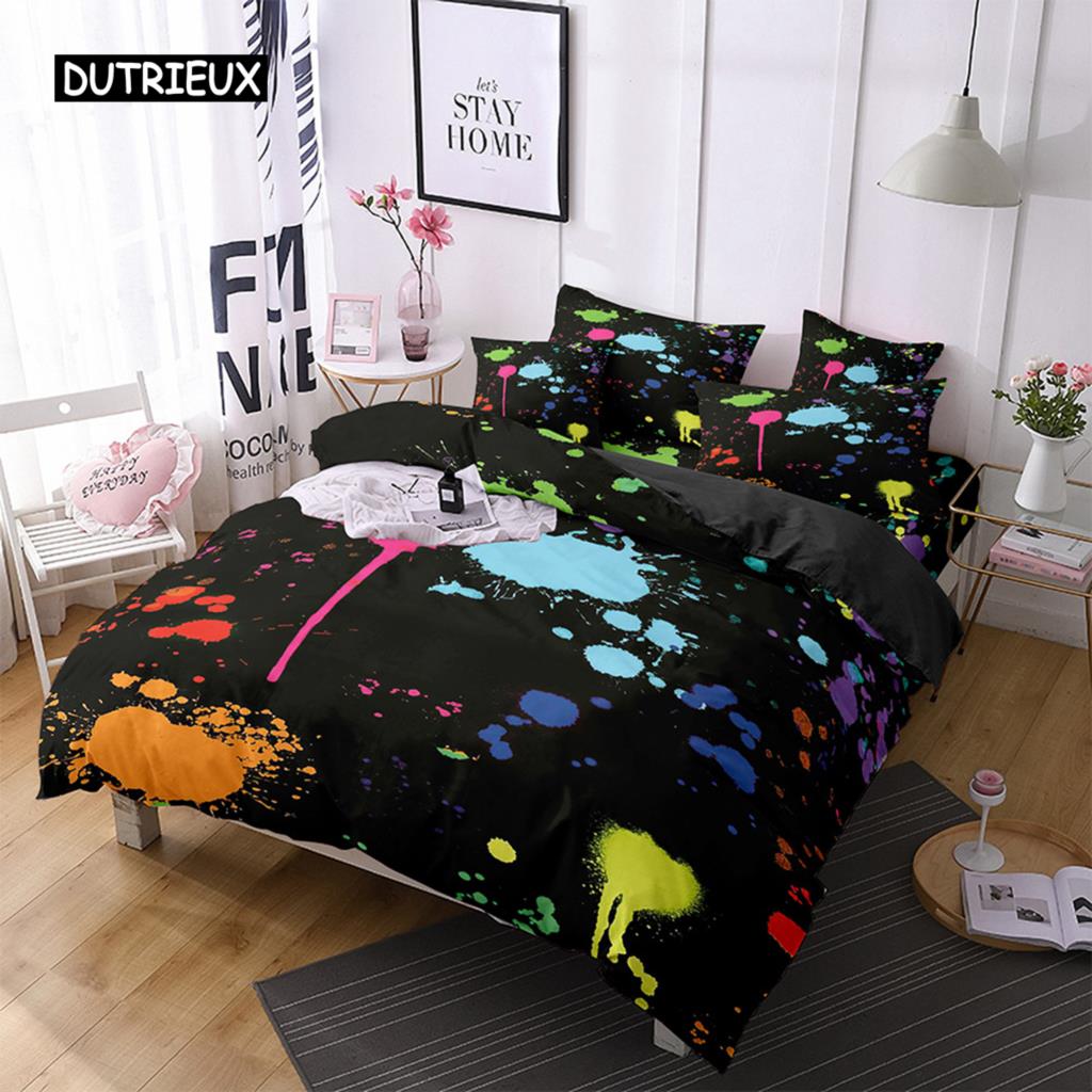 

Комплект пододеяльников с акварельным принтом, черный, разноцветный, с рисунком от руки, комплект постельного белья размера Queen, микрофибра, абстрактный узор, пододеяльник EU single(135x200cm)
