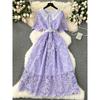 French Dress Female 2024 New Arrival Sweet Contrast-Color Doll Collar Breasted Silm Mid Length Long Length Lace Formal Dress