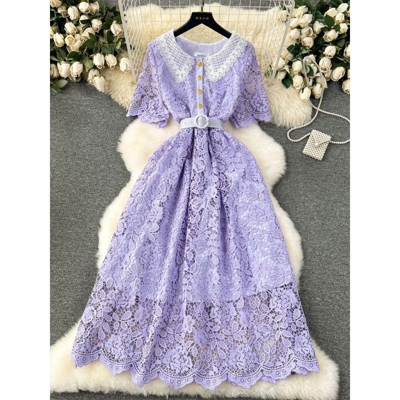 French Dress Female 2024 New Arrival Sweet Contrast-Color Doll Collar Breasted Silm Mid Length Long Length Lace Formal Dress