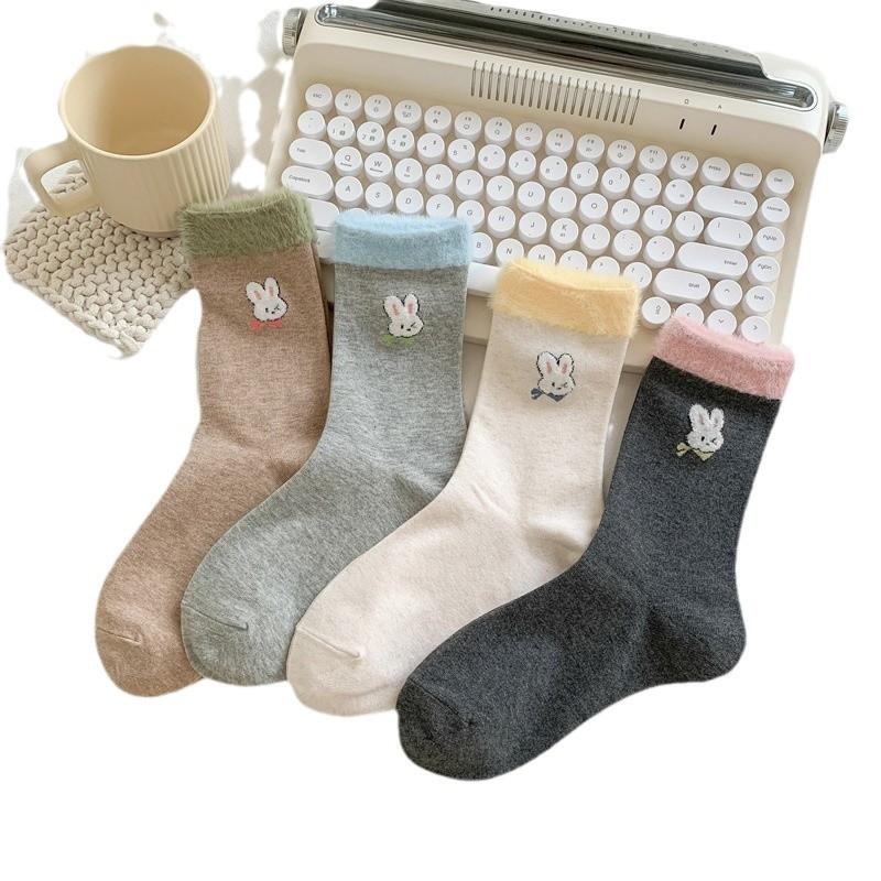 Rabbit Flocked Socks for Women, Sweet and Cartoonish, Cute Mid-calf Socks, Pure Cotton Pile Socks