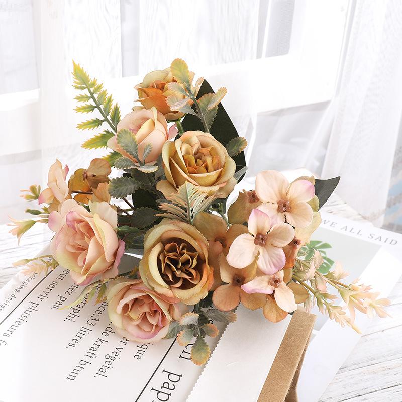 Fake Rose Bouquet Realistic Artificial Silk Roses Wedding Decoration Flowers Colorful Silk Hydrangea Flowers For Home Decoration