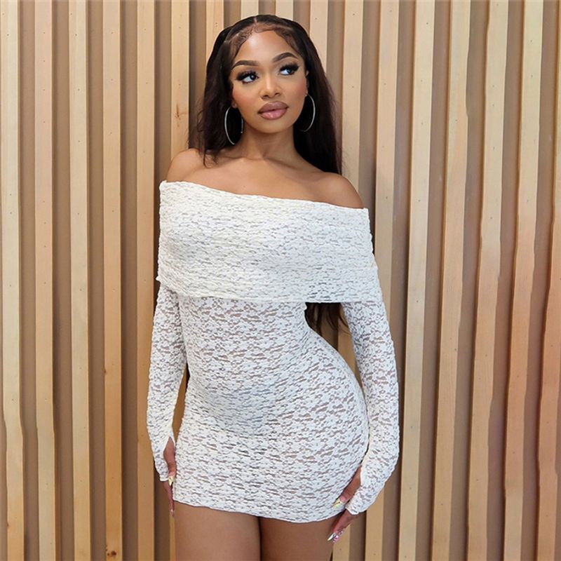 

INS Fashion Sexy off-the-Shoulder Long Sleeves Lace Silm Dress Short Skirt Sexy Mini Lace Dress White S