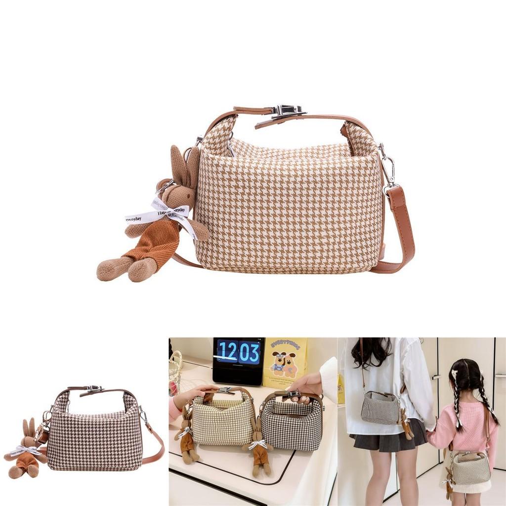 Simple Houndstooth Pattern Parent Child Shoulder Bag With Pendant For Kids Daily Use