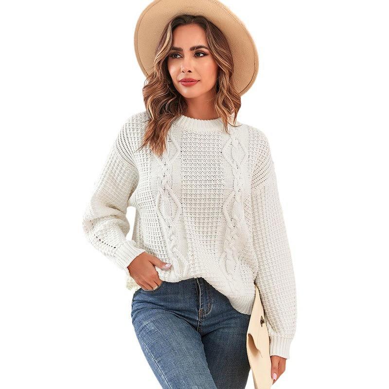 Womens Solid Color Crew Neck Knit Sweater With Cable Twist Detail Long Sleeve Casual Pullover Winter