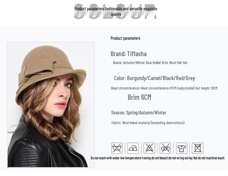 Women's French Wool Felt Bucket Hat with Curled Brim – Warm, Bow-Tied, Autumn/Winter Style