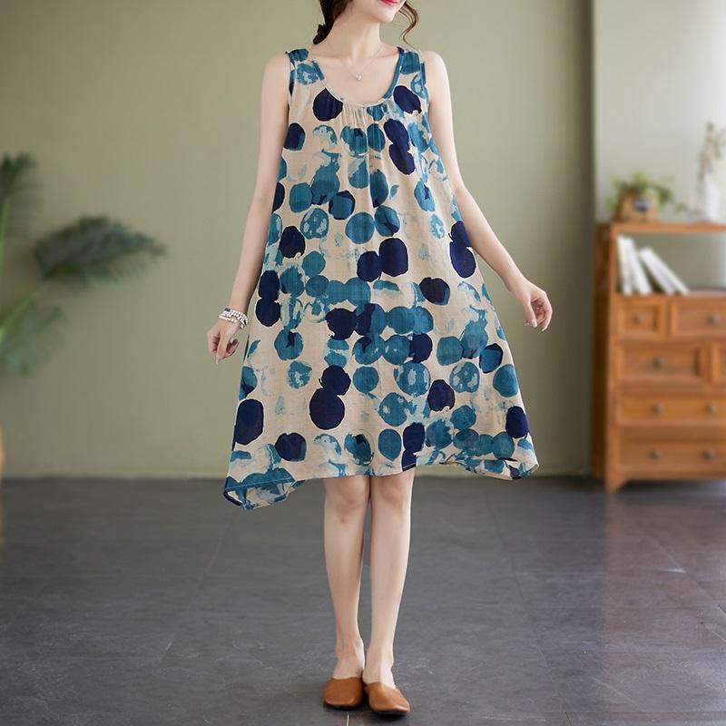 

Новое хлопковое винтажное платье в горошек без рукавов больших размеров для женщин, повседневное свободное летнее платье миди M синий