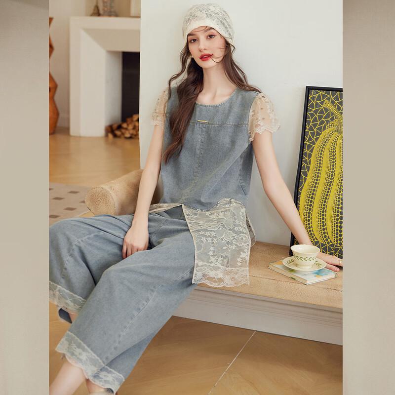 Bailuyu Lace Hollow Out Blouse & Jeans 2-Piece Set