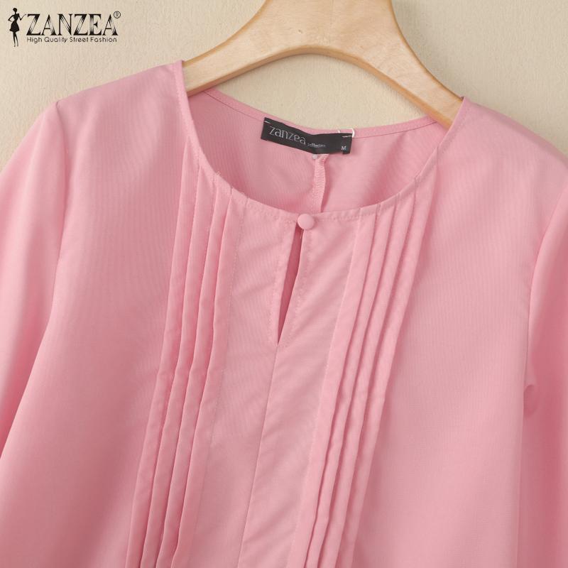 ZANZEA Women Casual Round Neck Solid Color 3/4 Sleeve Loose Blouse