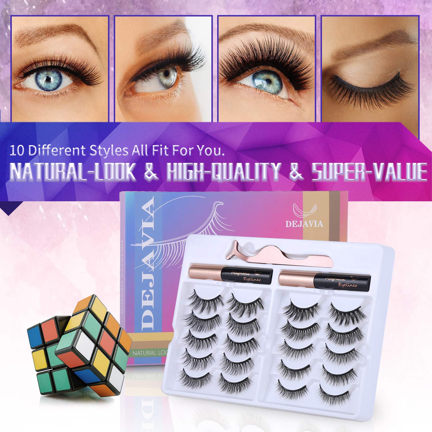 Magnetic Eyelashes with Eyeliner Kit- 10 Pairs Premium 3D Natural Look Reusable Eyelashes with Tweezers Applicator, Strong Magnetic Eyeliner and