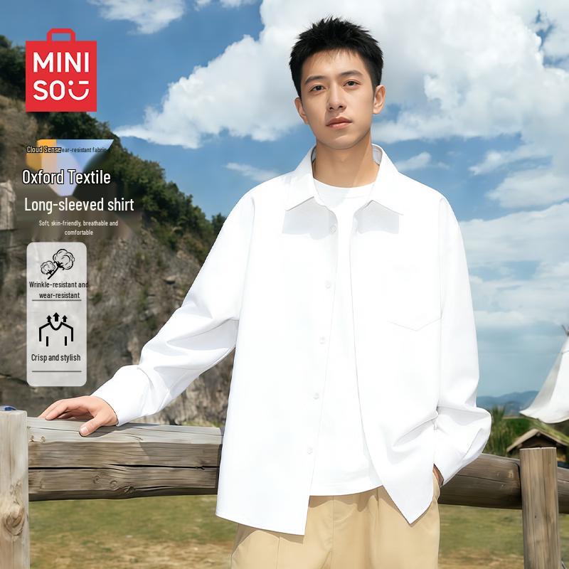 MINISO Men s Vintage Oxford Cuban Collar Long Sleeve Shirt 3XL