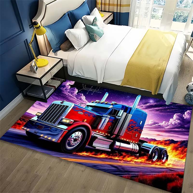 Cool Red Blue Heavy Truck Fire Galaxy Sky Print Area Rug Non‑Slip Rectangular Floor Mat Home Decor