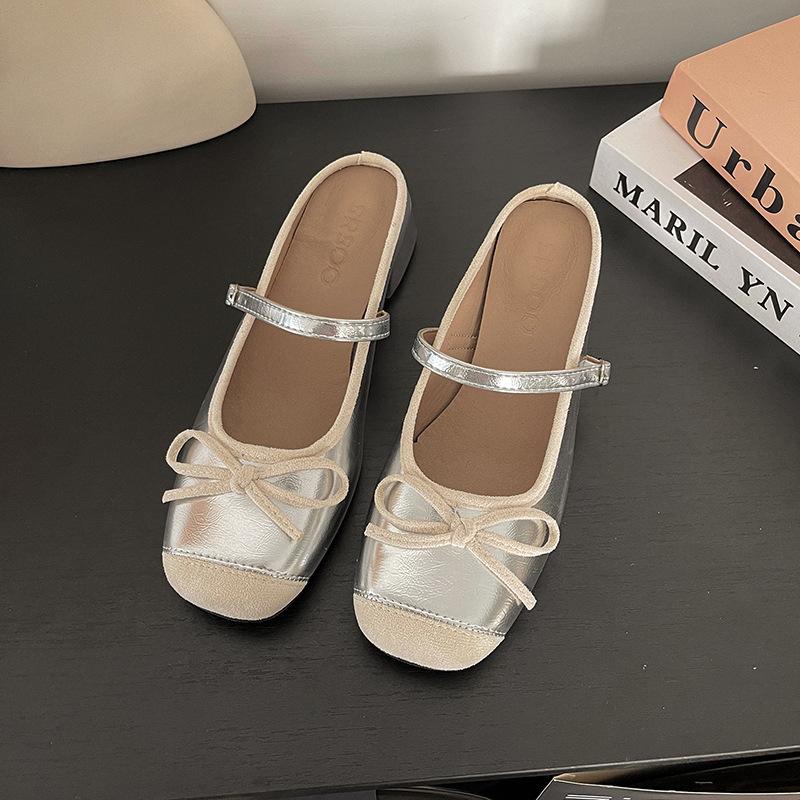 2025 Summer New Fairy Style Bow Ballet Shoes Women's Wear Silk and Satin Surface One Word with Bag Head Single Shoes