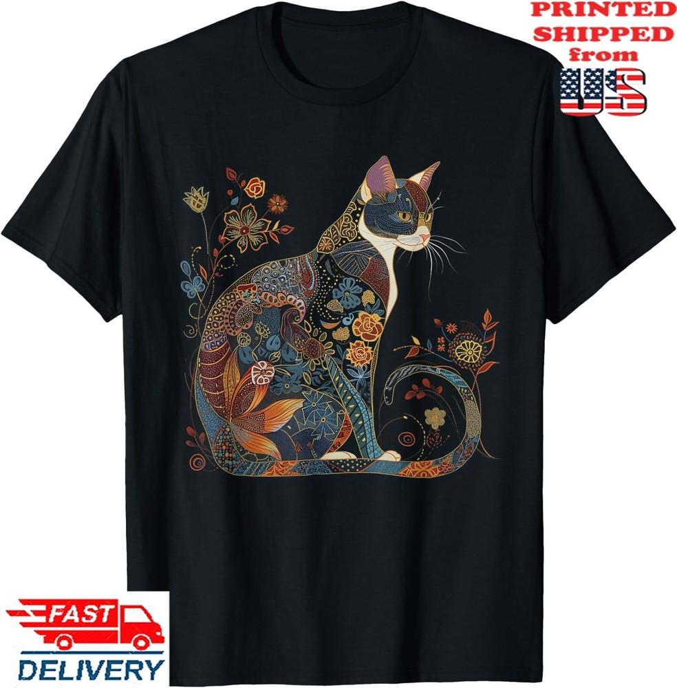Cat Colorful Floral Patterns Vintage Flowers Art Cat Lover T-Shirt, Unisex Tee Unisex T-Shirt S
