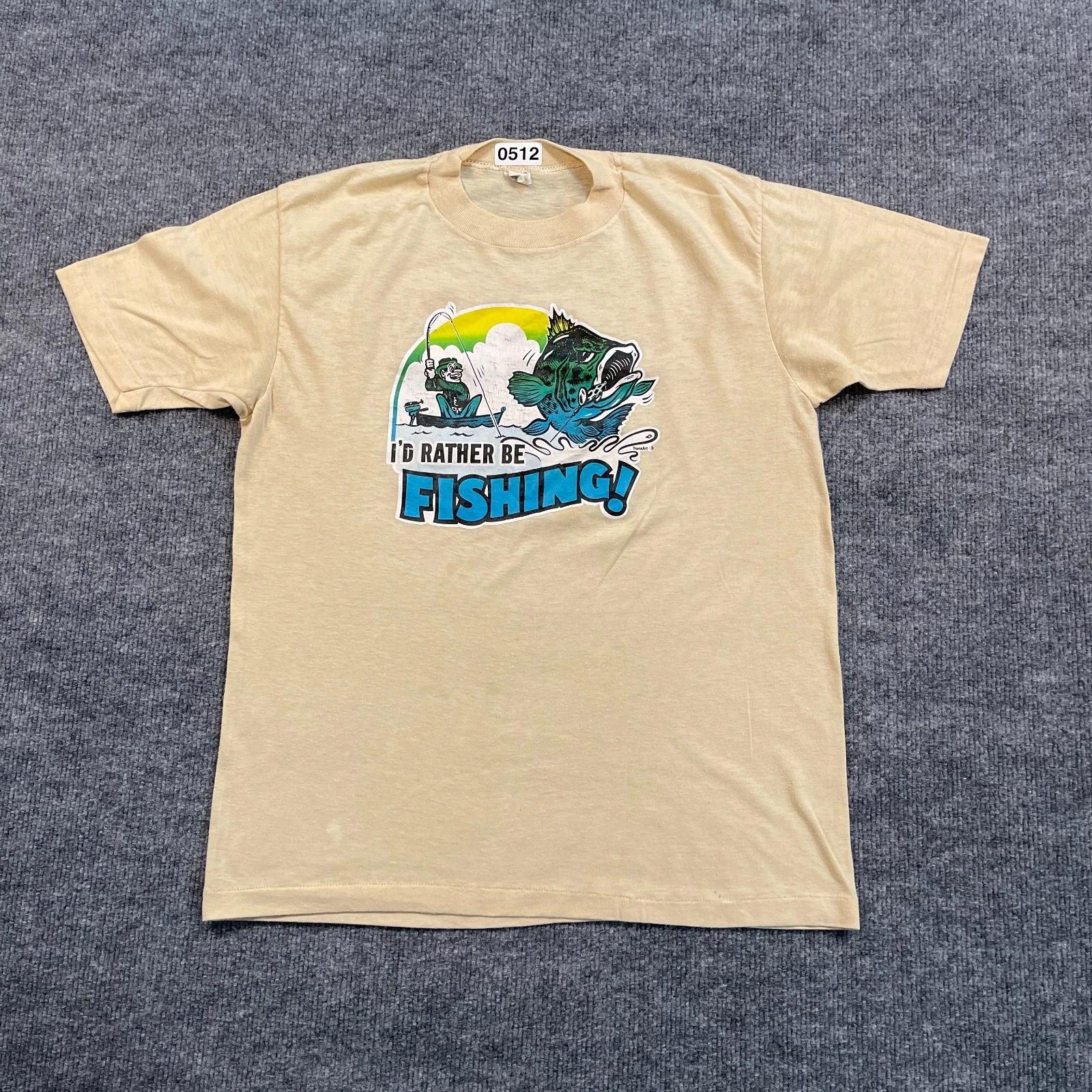 

Vintage 80s Funny Fishing Fisherman Transart Shirt Medium 19x25 Yellow 3XL