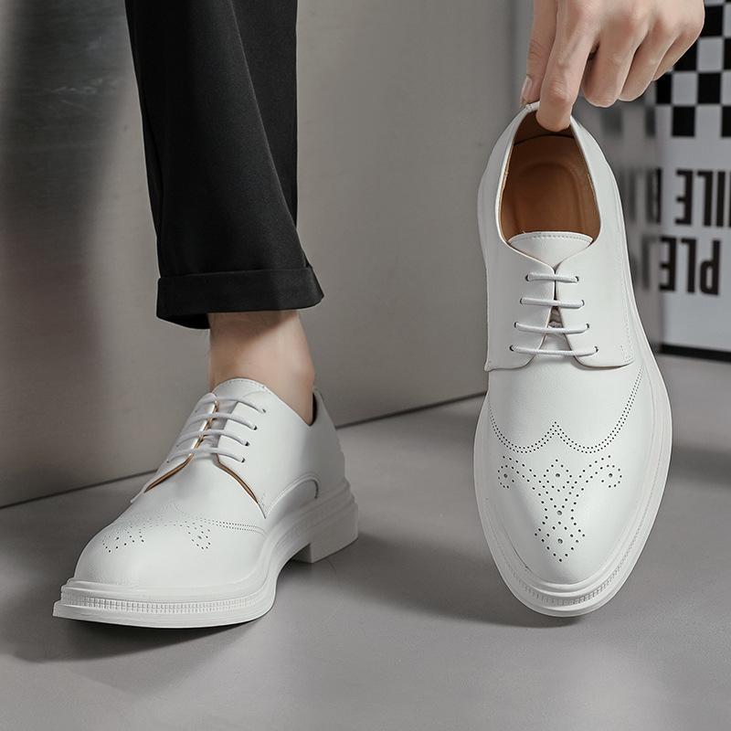 Brock Flower White Casual Leather Shoes Large Size Lace-up Men's Shoes Dress Low-top Business Shoes