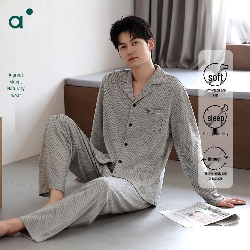 

Мужской пижамный комплект из чистого хлопка в клетку - Кардиган с длинным рукавом для весны и осени L for 121-140 jin