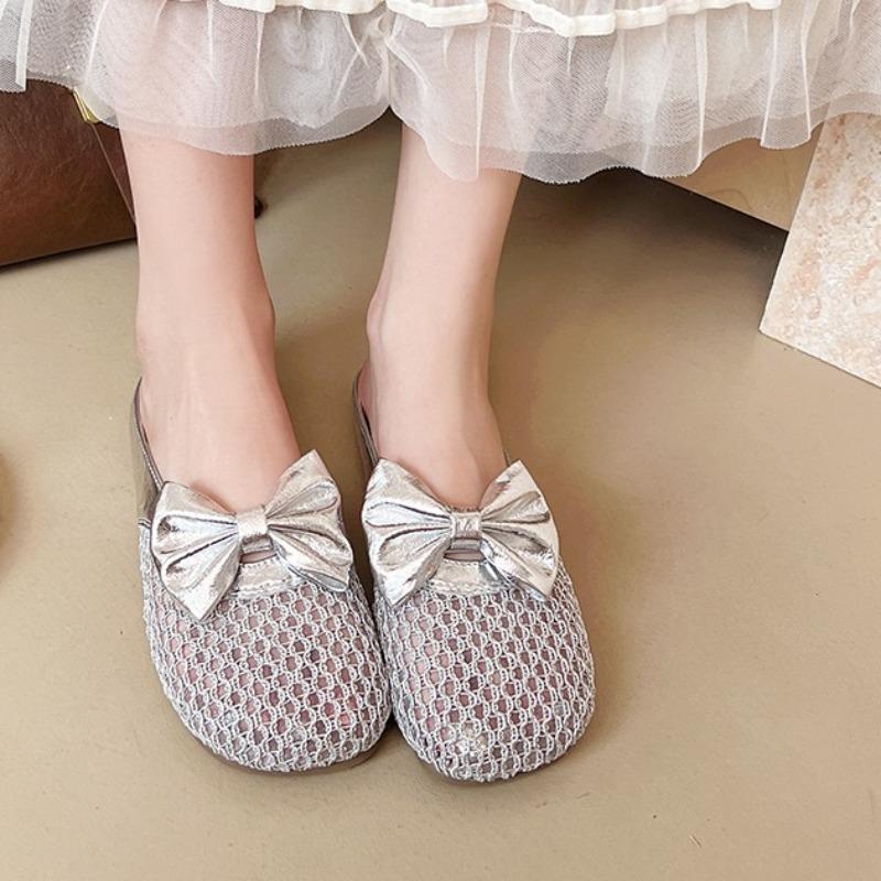 Fashion Baotou Slippers Women's Round Head Mesh Breathable Bow Outer Wear Soft Bottom Light Anti-slip Beach Semi-drag