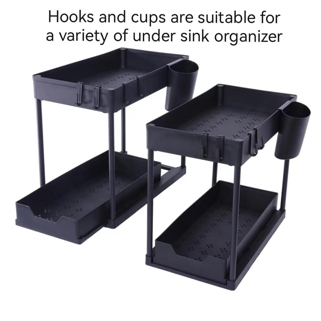 White Double-Layer Drawer Storage Rack, Multifunctional Storage Box with Hooks for Kitchen and Bathroom Countertop Sink Storage
