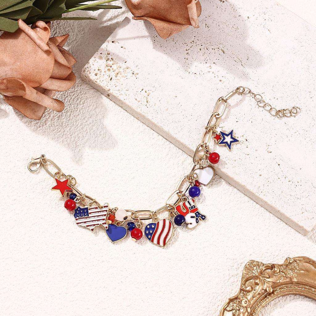American Independence Day alloy bracelet, red blue white pendant, flag alloy accessory pendant, length 19+5cm tail chain